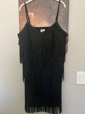 NEW Black VOCAL Faux Suede Fringe Spaghetti Strap Dress by Size XL